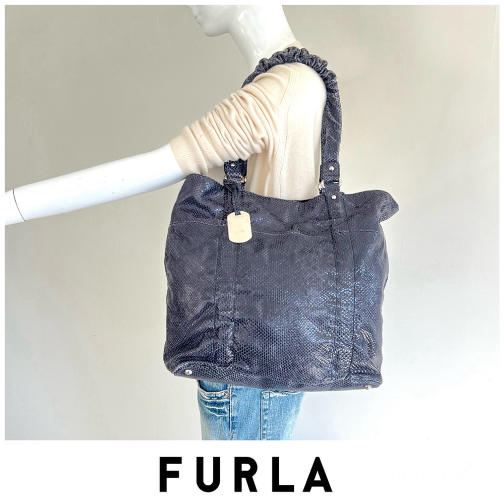 FURLA Purple Gray Snake Print Leather Silver Hanging Metal Logo Shoulder Tote